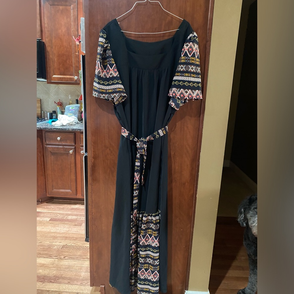 SHEIN Black Dress with Colorful Geometric Sleeves